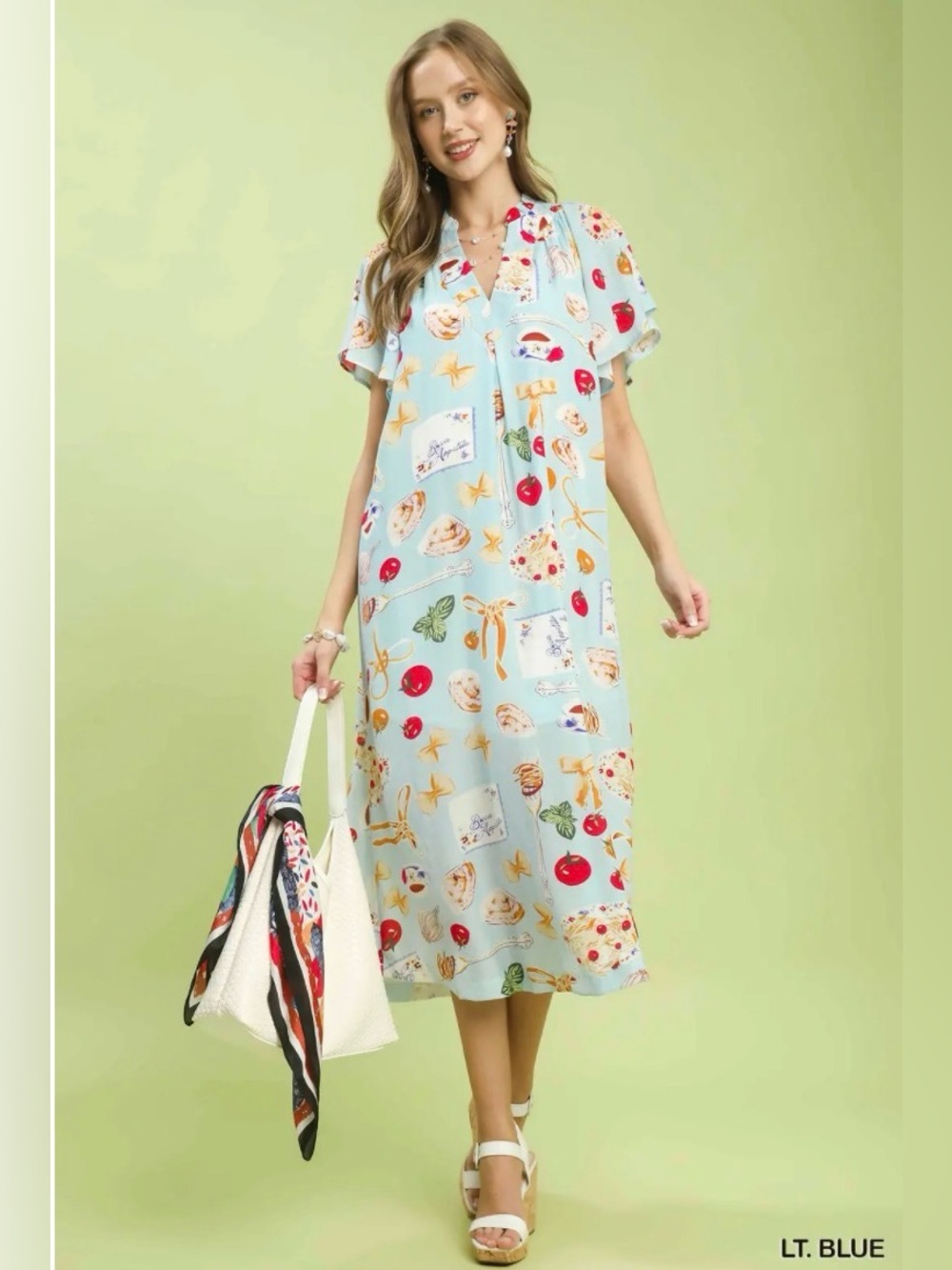 Umgee Blue Abstract Print Flutter Sleeve Midi Dress Pockets Boho S M L🛍️